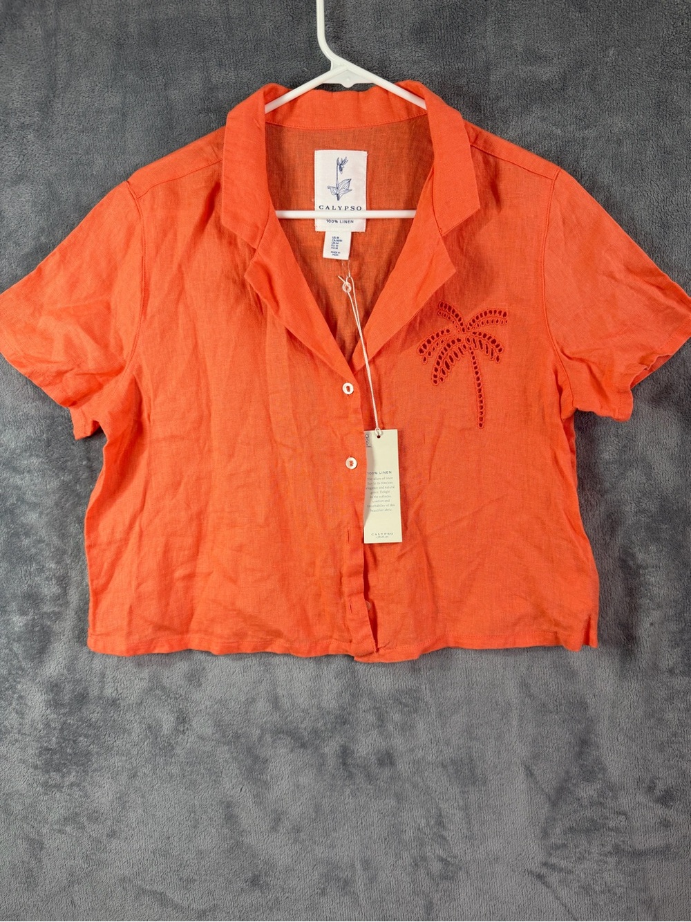 Calypso St Barth 100 Linen Palm Tree Crop Top Coral Orange Medium NWT
